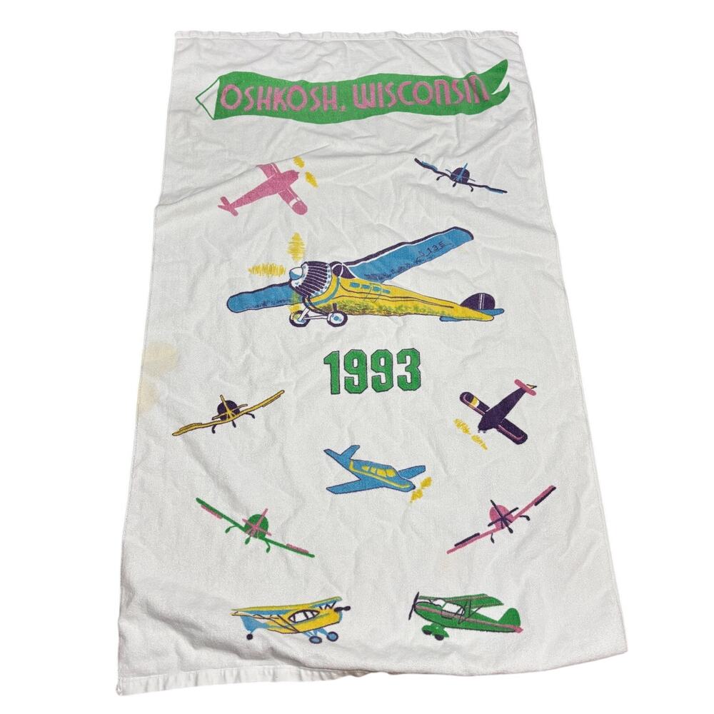 VTG 1993 Oshkosh Wisconsin White Beach Towel Airplane Graphic 36 X 62” READ FLAW